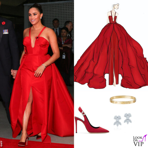 abito Carolina Herrera, pump Giuseppe Zanotti, bracciale Cartier, orecchini Birks 