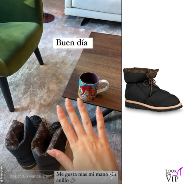 lo scatto che ha fatto il giro del mondo in cui Wanda mostrava la mano senza fede nuziale (stivali Louis Vuitton) 