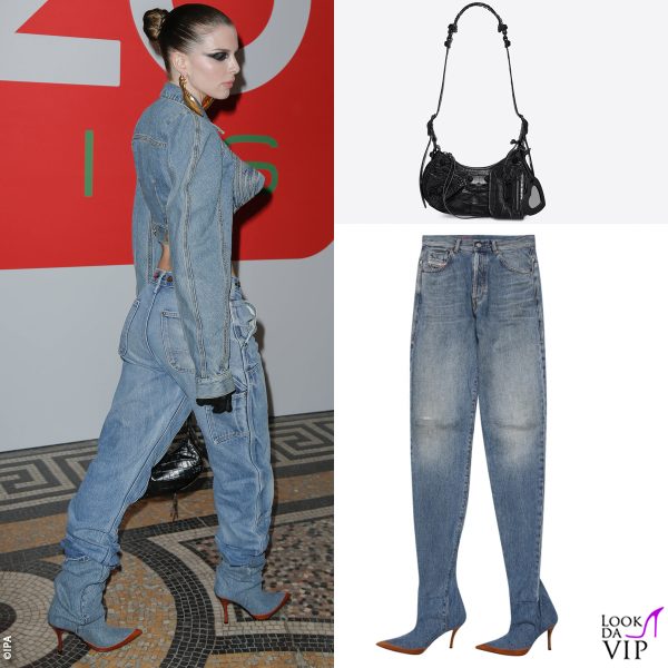 giacca e jeans Schiaparelli, stivali con jeans Diesel, borsa Balenciaga 