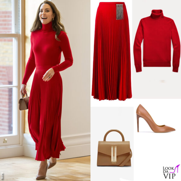 Kate a un incontro a ottobre 2021 con dolcevita e pump Ralph Lauren, gonna Christopher Kane, borsa Demellier 