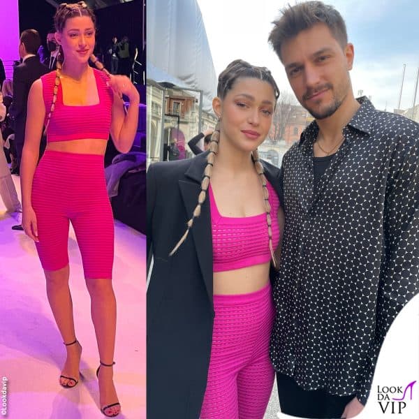 Natalia Paragoni in Genny e il fidanzato Andrea Zelletta con pantaloni Amiri e camicia Saint Laurent