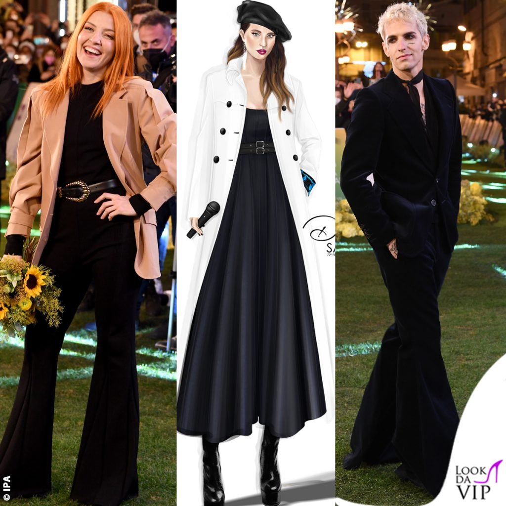 Sanremo Noemi look Alberta Ferretti Ditonellapiaga bozzetto Philosophy Achille Lauro oufit Gucci