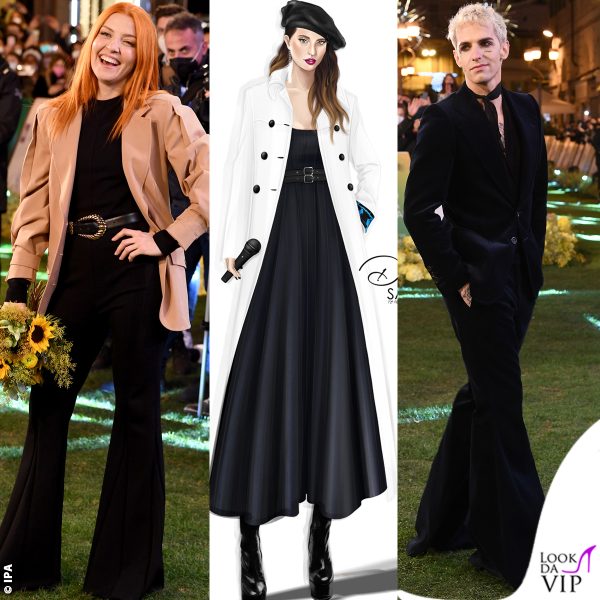 Sanremo Noemi look Alberta Ferretti Ditonellapiaga bozzetto Philosophy Achille Lauro oufit Gucci