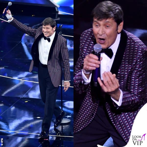 Gianni Morandi in Giorgio Armani:  la giacca in tecnicolor si fa notare. Gianni, "stai andando forte, apri tutte le porte" - VOTO 7