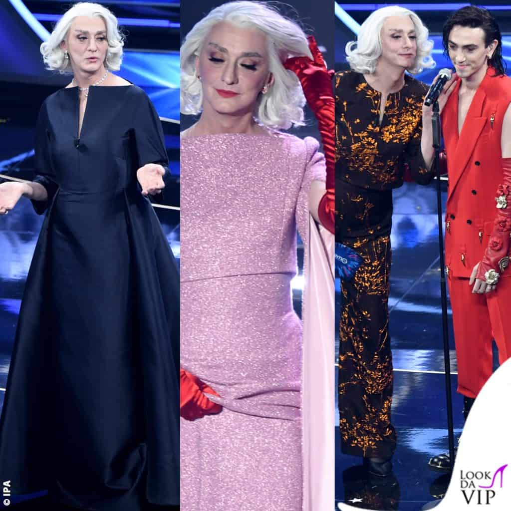 Sanremo 2022, 3 serata. Drusilla Foer parla di unicità: abiti Rina Milano e Rossorame