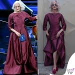 Sanremo 2022 3 serata Drusilla Foer abito porpora riciclato Rina Milano scarpe Daniele Ancarani