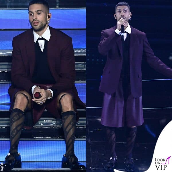 Nel total look Fendi di Mahmood, con gonna-pantaloni, spicca la giarrettiera attaccata ai calzini