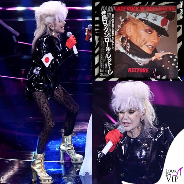 Per celebrare i 40 anni di Kamikaze Rock’n’Roll Suicide Donatella Rettore ha riproposto look e acconciature simili a quelli sfoggiati all'epoca (outfit Stefano De Lellis, stivali Casadei) 
