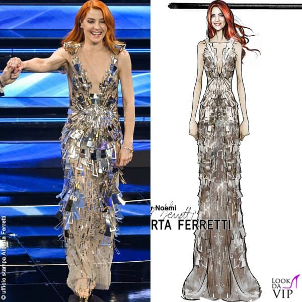 per la serata finale la cantante ha optato per un abito di maxi paillettes, abbinato a gioielli Bulgari 
