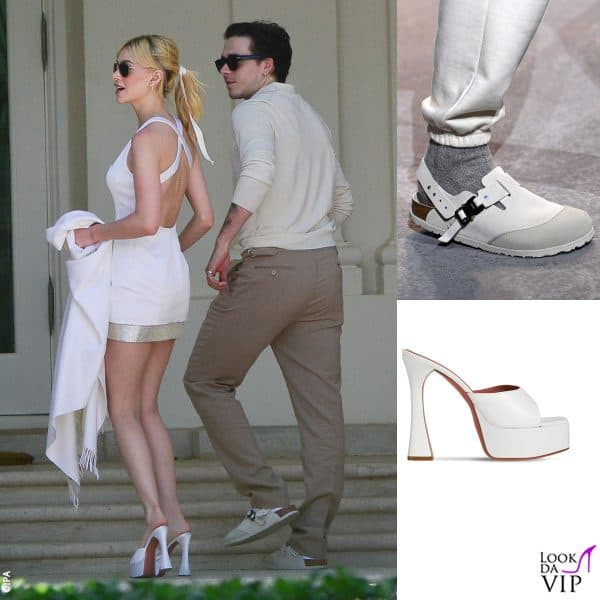 insolite le calzature degli sposi al brunch: platform altissime di Amina Muaddi per Nicola, sandali Birkenstock x Dior per Brooklyn 