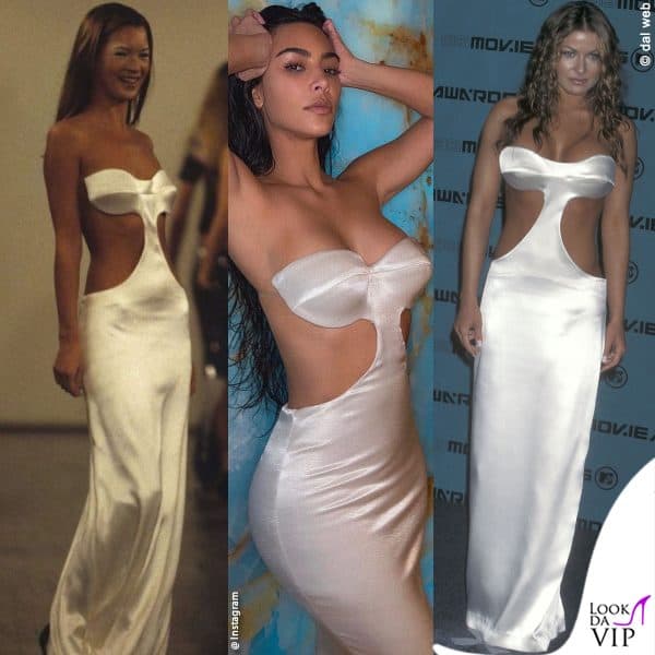 Kim ha indossato un abito vintage di Stephen Sprouse indossato in passerella da Kate Moss e nel 1998 da Carmen Electra 