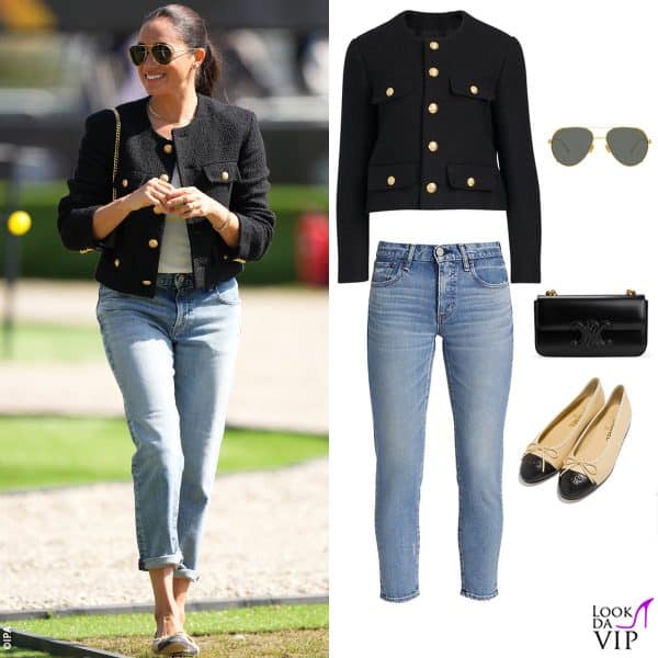 giacca e borsa Celine, jeans Moussy, ballerine Chanel, occhiali Linda Farrow 