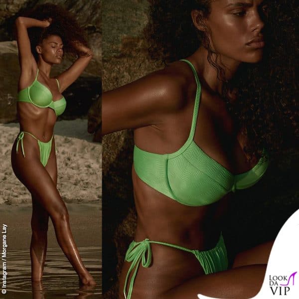 Si fa notare Tina Kounakey con il costume Monday Swimwear di un bel verde acceso