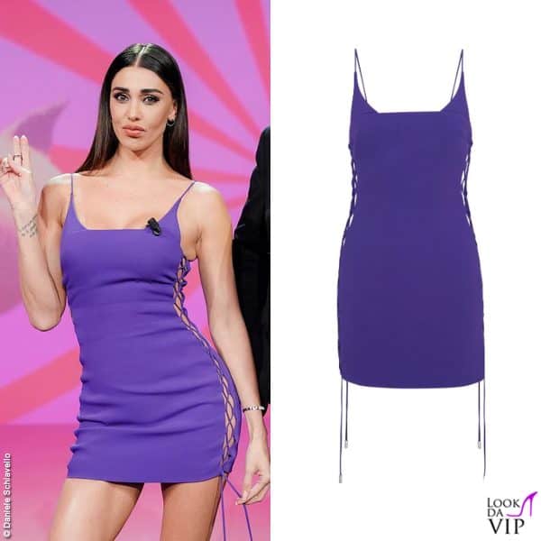Il viola porta male? Non a  Belen che a "Le Iene" spacca con il suo minidress (look David Koma)