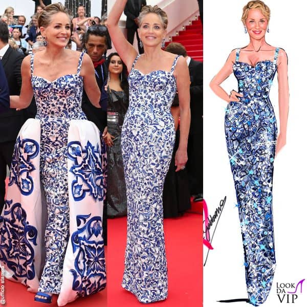Sharon Stone con l'abito trasformista di Dolce&Gabbana e i gioielli Bulgari 