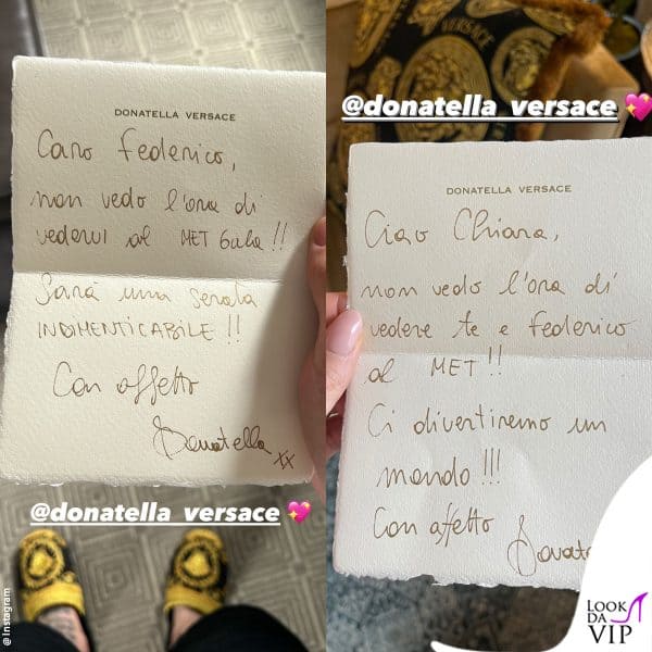 i bigliettini ricevuti da Donatella Versace, che ha invitato i Ferragnez al Met Gala 