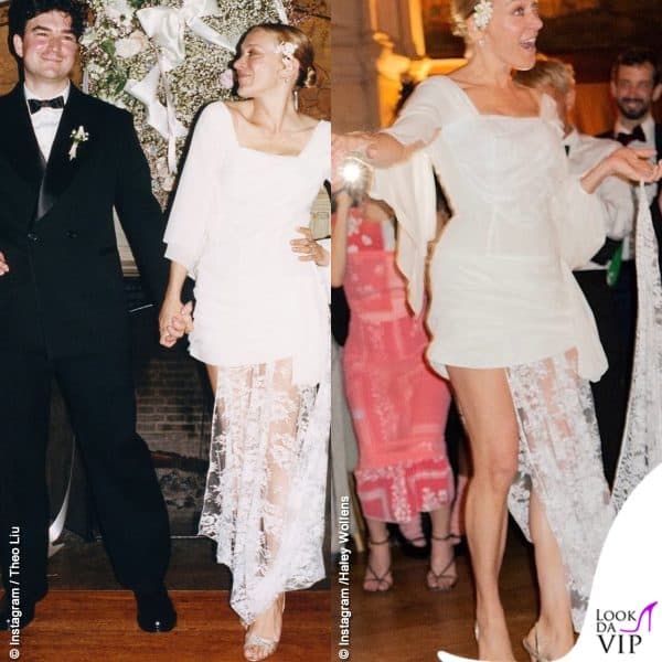 Al ricevimento la sposa si è affidata a Loewe: un minidress bianco con scollatura quadrata e maniche a sbuffo con drappeggi in seta e pizzo franchese chantilly