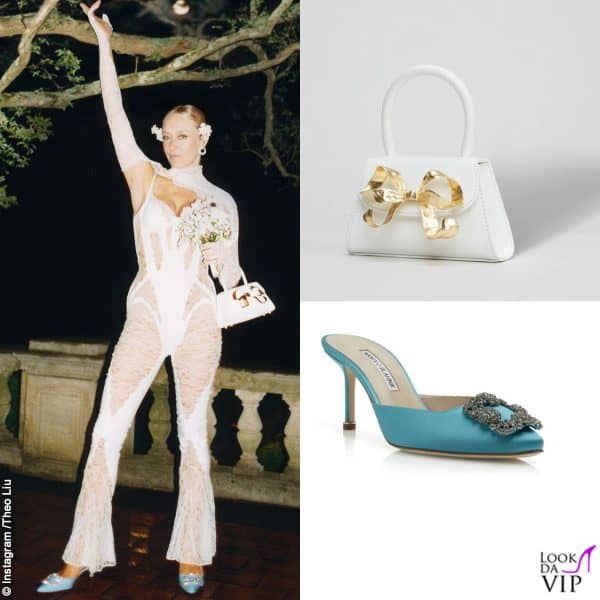 Svolta ultra sexy al party con una tuta Mugler trasparente in pizzo con bustier e pantaloni a campana  (borsa Self Portrait scarpe Manolo Blahnik)