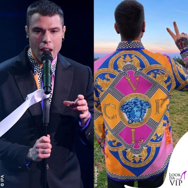 L'artista a Sanremo con la camicia Versace dove svelava l'iniziale del nome della figlia in arrivo 