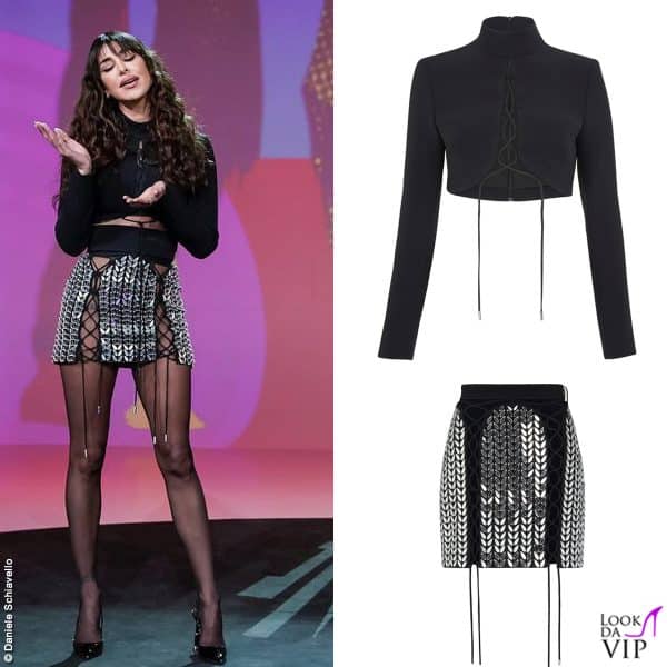 Bagliori metallici e lace up: il primo look è tutto un programma (look David Koma)
