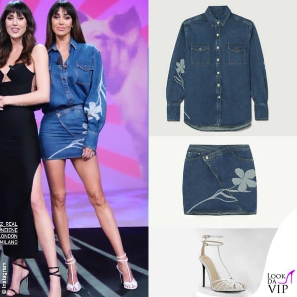 In coppia con Cecilia Rodriguez, Belen sceglie il denim  (look David Koma, sandali Allevi)