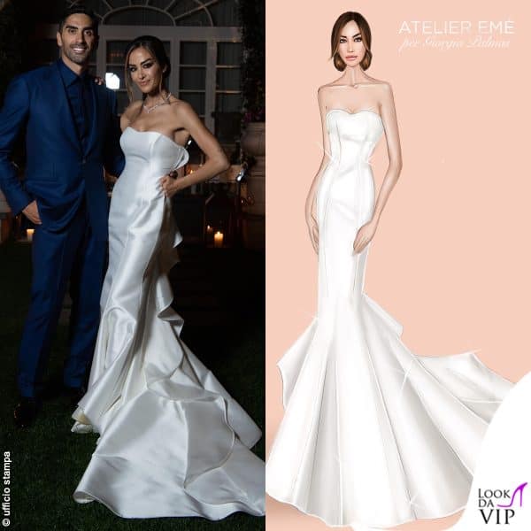 Per la serata, la sposa ha optato per un vestito a sirena in mikado di seta sempre Atelier Emé