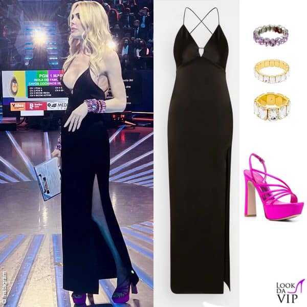 Black dress Alice+Olivia e sandali Le Silla abbinati ai bracciali De Liguoro 