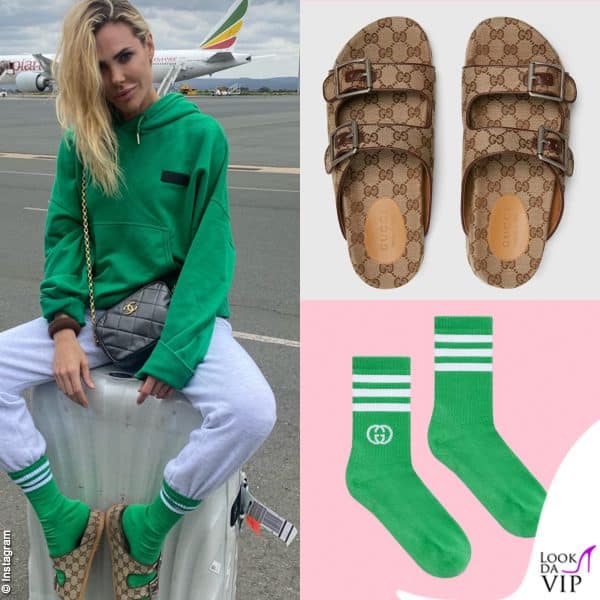 Ilary al suo arrivo in Africa: sandali e calzini Gucci, borsa Chanel 