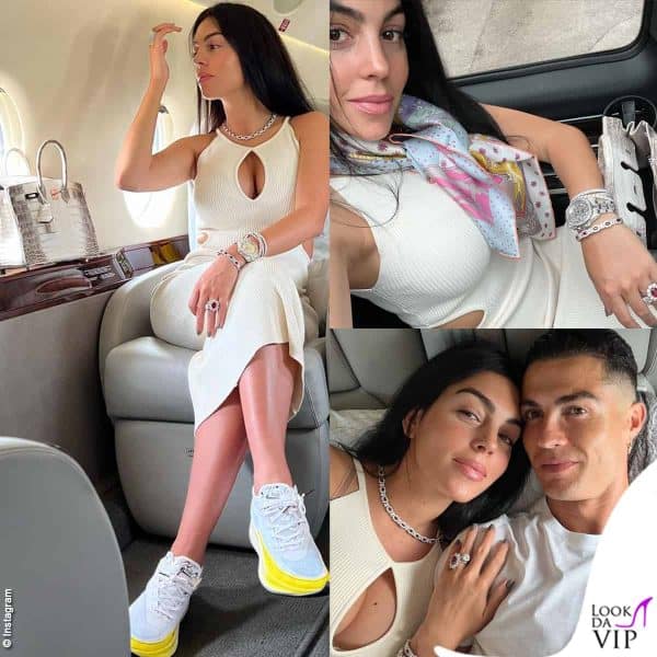 sul jet privato con Cristiano Ronaldo (abito Cayet, borsa Hermès)