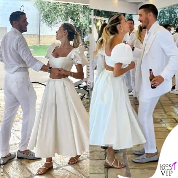 Frizzante al white party del giorno dopo le nozze, con crop top e gonna ampia