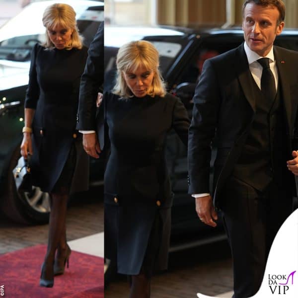 Brigitte Macron ha optato per un abito nero con gonna plissé per la commemorazione a Buckingham Palace 