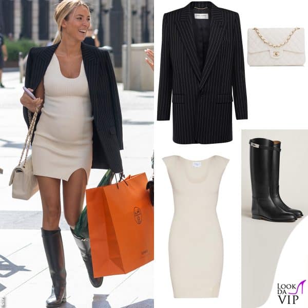 blazer Saint Laurent, abito Akala, borsa Chanel, stivali Hermès 