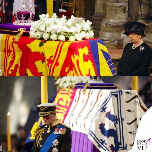 Elisabetta e Carlo al funerale della Regina Madre: la corona era ben in evidenza