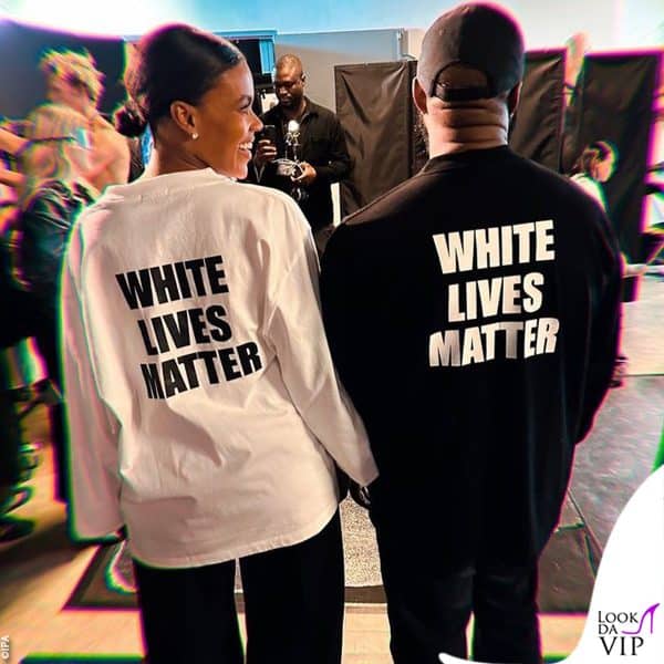 Candice e Kanye in backstage mostrano la scritta "White Lives Matter"