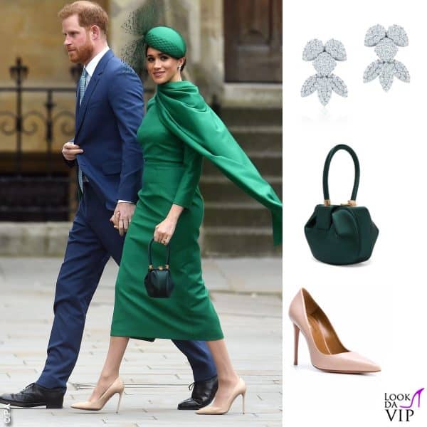 Meghan e Harry a uno degli ultimi impegni da Senior Royal, nel marzo 2020 (abito Emilia Wickstead, pump Aquazzura, borsa Gabriela Hearst, orecchini Birks) 