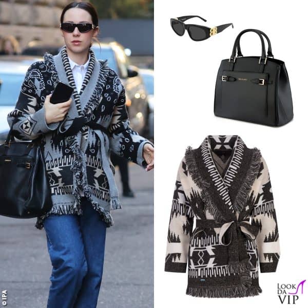 occhiali Balenciaga, borsa Trussardi, cardigan Alanui 