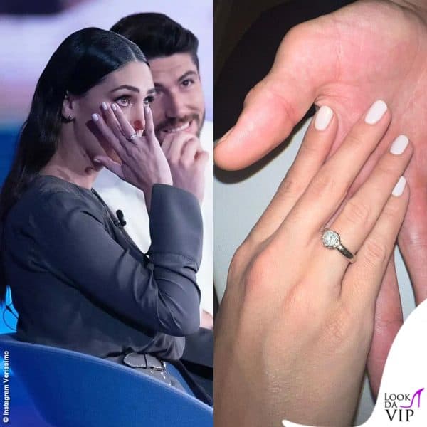 La manicure di Cecilia Rodriguez, elegante e delicata, ma l'attenzione cade sull'anello di fidanzamento (a Verissimo, in Federica Tosi)