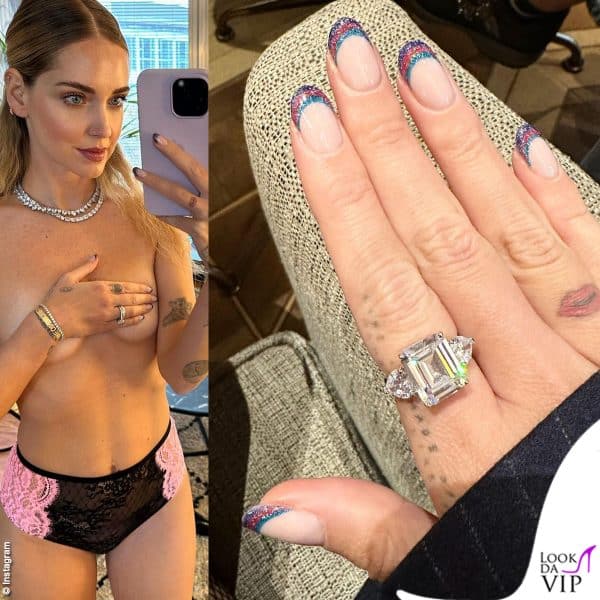 Super sexy Chiara Ferragni con una manicure scintillante (intimo e gioielli Chiara Ferragni Brand)