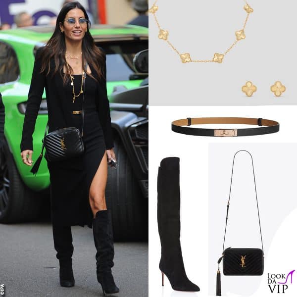 collana e orecchini Van Cleef & Arpels, cintura Hermès, borsa Saint Laurent, stivali Aquazzura