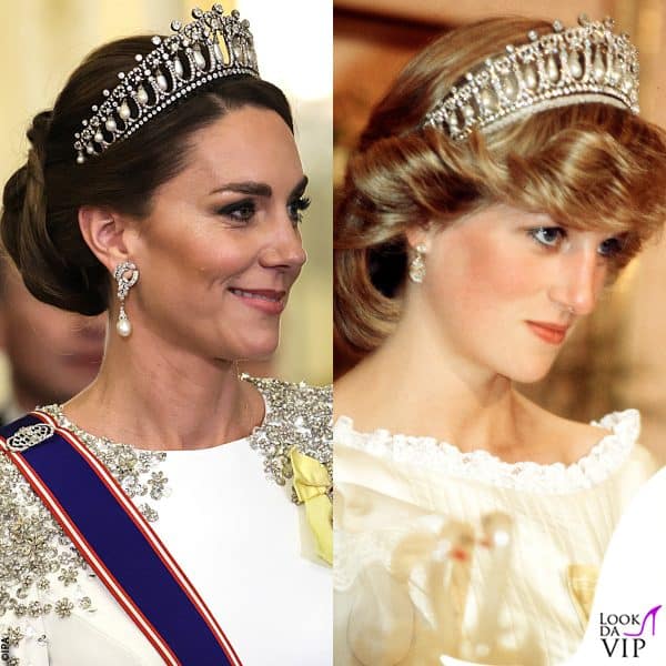 Kate ha sfoggiato la tiara Queen’s Mary Lover’s Knot, molto amata da Diana (nella foto era in Nuova Zelanda, nel 1983)