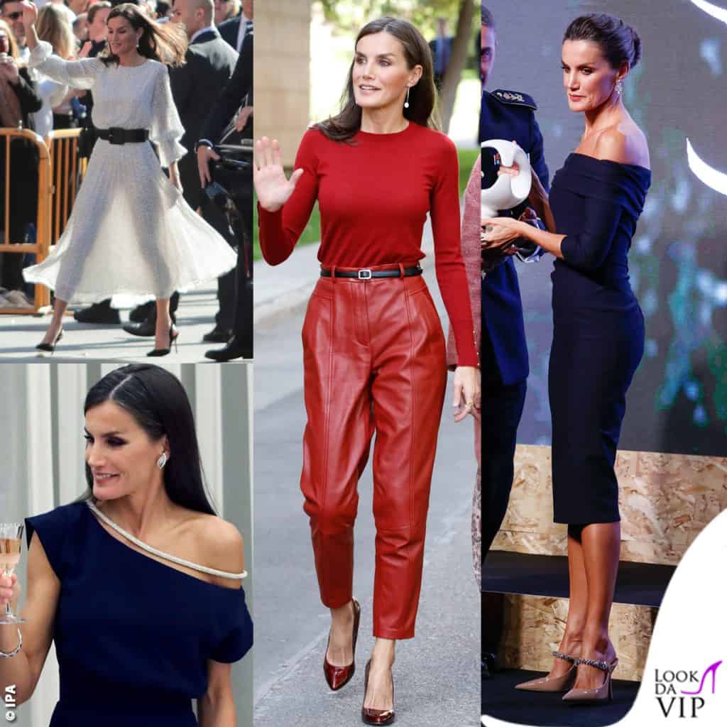 Letizia Ortiz regina Spagna Barcellona look Armani outfit Boss scarpe Jimmy Choo abito Boret