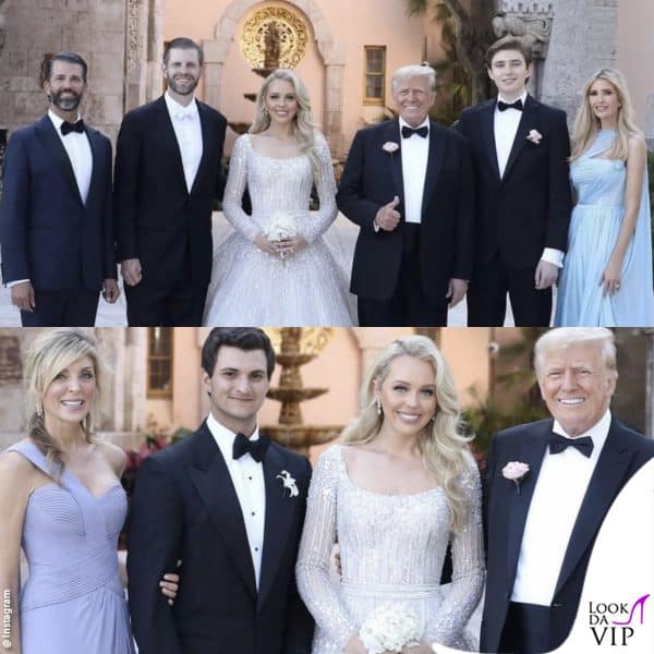 in alto: Donald Trump con i figli - in basso: gli sposi con i genitori di Tiffany, Donald Trump e Marla Maples