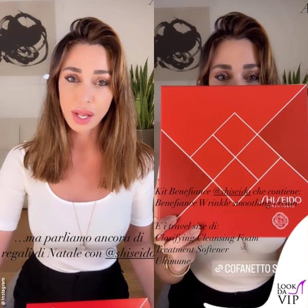 Belen mostra il kit di prodotti antirughe firmato Shiseido 