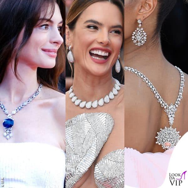 A Cannes il pubblico ritrova la passione per il glamour: le star non si risparmiano tra outfit da sogno e lussuosissimi gioielli (nella foto Anne Hathaway, Alessandra Ambrosio e Cindy Bruna)