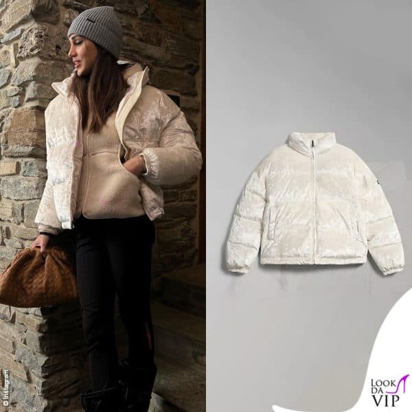 Cecilia Rodriguez sceglie il bianco con il giubbotto Napapijri (borsa Bottega Veneta)