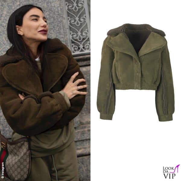 Chiara Biasi con il giubbotto Numero Otto (1.670 euro) e borsa Gucci