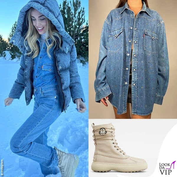 il primo look sulla neve: piumino Moorer, camicia NoGender, stivali Tod's x Moncler Palm Angels 