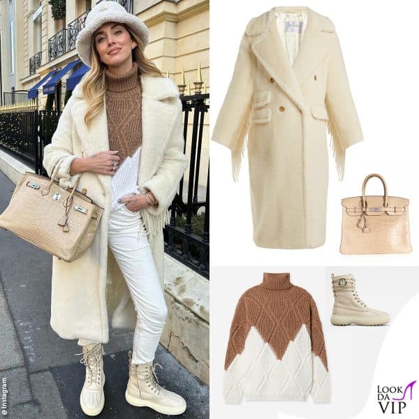 cappotto Max Mara, maglione Falconeri, stivali Tods x Moncler Palm Angels, borsa Hermès 