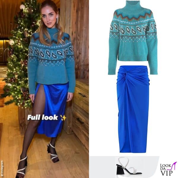 maglione Alanui, gonna Nue Studio, sandali Chiara Ferragni Brand 