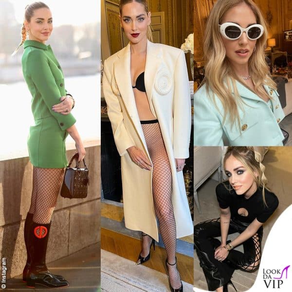 Chiara Ferragni con alcuni degli outfit scelti per la Paris Fashion Week: sui social apre il cappotto bianco Schiaparelli svelando di essere senza slip 